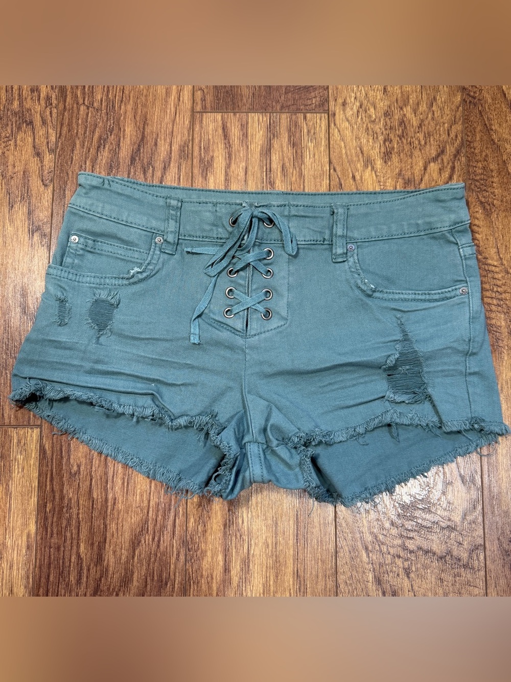 Billabong Teal Lace-Up Distressed Denim Jean Shorts